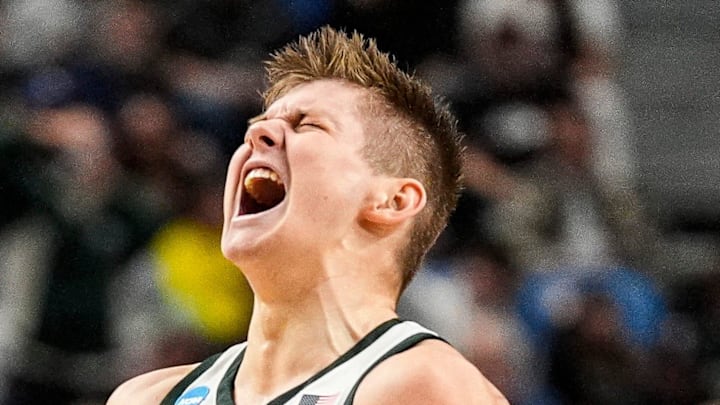 Michigan State forward Jaxon Kohler (0) celebrates a 3-pointer against North Dakota State during the first half of NCAA Tournament First Round at KeyBank Center in Buffalo on Thursday, March 19, 2026.