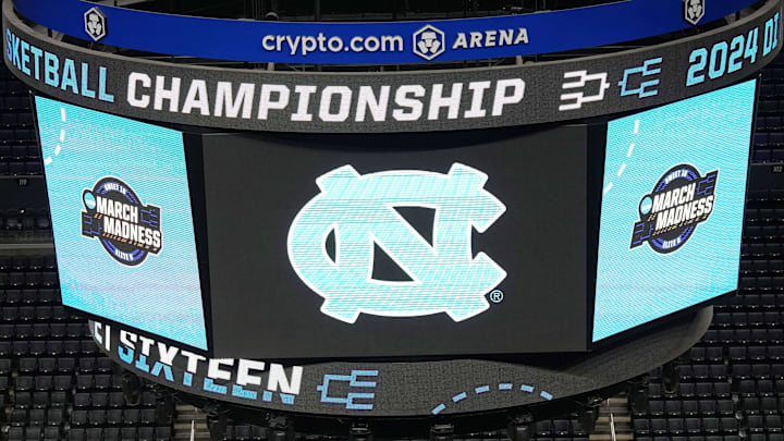 Mar 27, 2024; Los Angeles, CA, USA; The North Carolina Tar Heels logo on the video board during practice prior to NCAA Tournament at West Regional at Crypto.com Arena. Mandatory Credit: Kirby Lee-Imagn Images Mar 27, 2024; Los Angeles, CA, USA; The North Carolina Tar Heels logo on the video board during practice prior to NCAA Tournament at West Regional at Crypto.com Arena. Mandatory Credit: Kirby Lee-Imagn Images