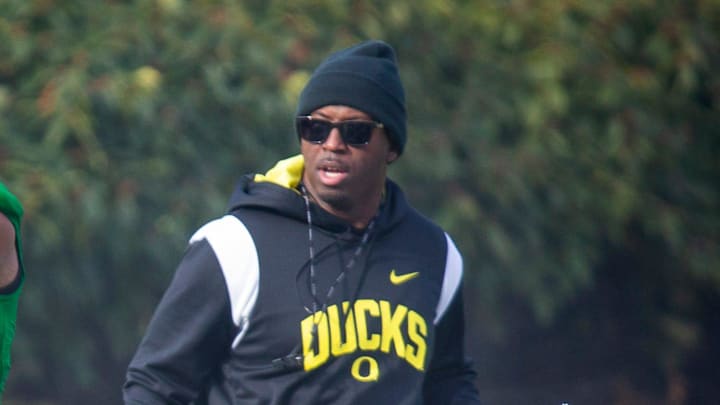 New co-defensive coordinator and safeties coach Chris Hampton, right, joins the first practice of spring for Oregon football as they prepare for the 2023 season.

Eug 031623 Uo Spring Fb 06