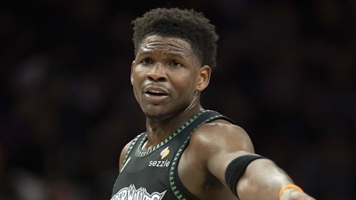 Mar 5, 2026; Minneapolis, Minnesota, USA; Minnesota Timberwolves guard Anthony Edwards (5) looks on during a free throws against the Toronto Raptors in the first half at Target Center. Mandatory Credit: Jesse Johnson-Imagn Images