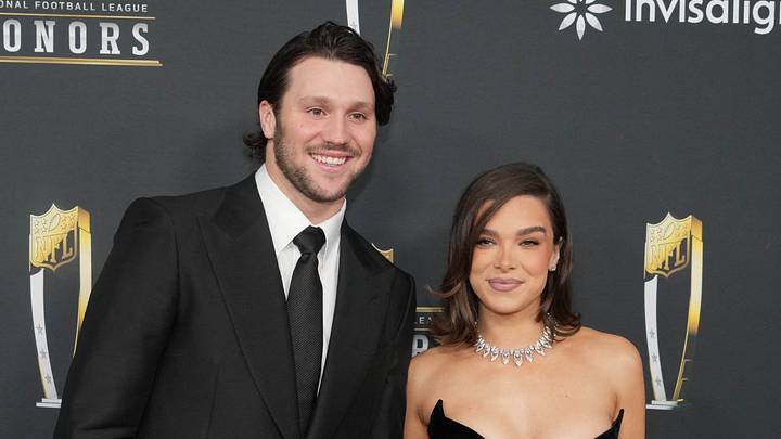 Josh Allen and Hailee Steinfeld on the red carpet before Super Bowl LIX NFL Honors at Saenger Theatre.