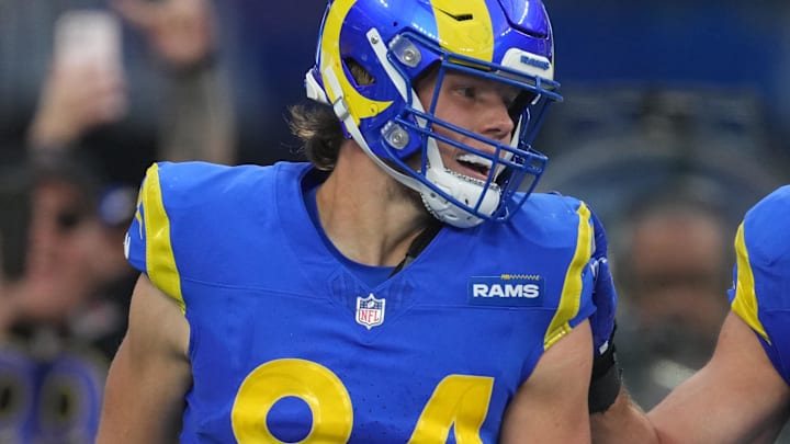 Dec 8, 2024; Inglewood, California, USA; Los Angeles Rams tight end Hunter Long (84) celebrates with wide receiver Xavier Smith (19) and tight end Colby Parkinson (86) after scoring a touchdown on a blocked punt against the Buffalo Bills in the first half at SoFi Stadium. Mandatory Credit: Kirby Lee-Imagn Images