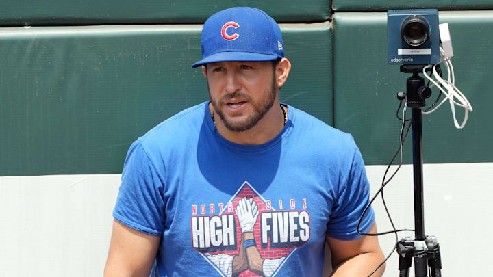 Jul 31, 2022; San Francisco, California, USA; Chicago Cubs assistant pitching coach Daniel Moskos (53, right) talks to starting pitcher Justin Steele (35, left) before the game against the San Francisco Giants at Oracle Park