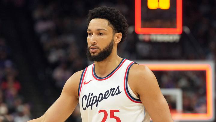 Apr 11, 2025; Sacramento, California, USA; Los Angeles Clippers guard Ben Simmons (25) at the end of the first quarter against the Sacramento Kings at Golden 1 Center. Mandatory Credit: Darren Yamashita-Imagn Images