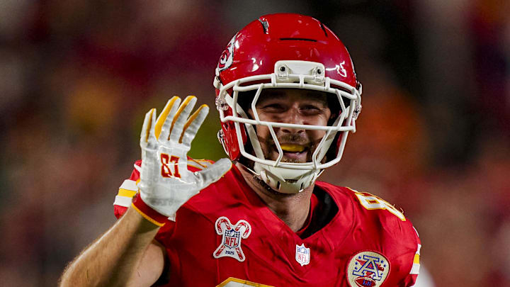 Dec 25, 2025; Kansas City, Missouri, USA; Kansas City Chiefs tight end Travis Kelce (87) celebrates after first down during the second quarter at GEHA Field at Arrowhead Stadium. Mandatory Credit: Jay Biggerstaff-Imagn Images