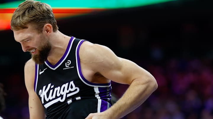 Nov 11, 2025; Sacramento, California, USA; Sacramento Kings center Domantas Sabonis (11) reacts after a play during the second quarter against the Denver Nuggets at Golden 1 Center. Mandatory Credit: Sergio Estrada-Imagn Images