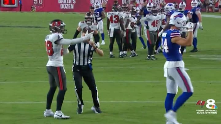Buccaneers safety Shilo Sanders was ejected from Saturday's preseason game after throwing a punch at a Bills' Zach Davidson.