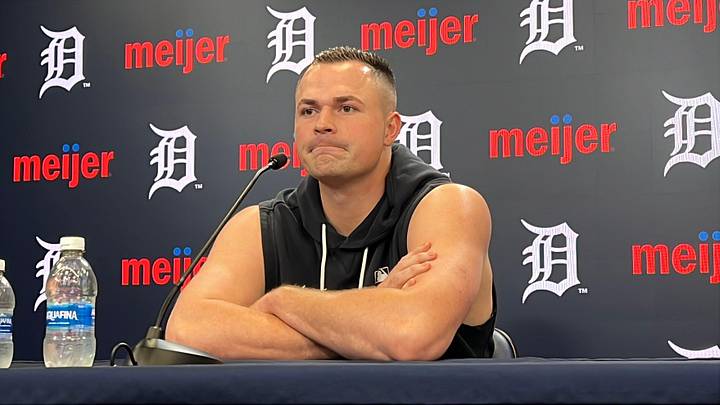 Detroit Tigers left-hander Tarik Skubal talks to reporters before a game against the Boston Red Sox on May 4, 2026, at Comerica Park in Detroit, Michigan. Detroit Tigers left-hander Tarik Skubal talks to reporters before a game against the Boston Red Sox on May 4, 2026, at Comerica Park in Detroit, Michigan.