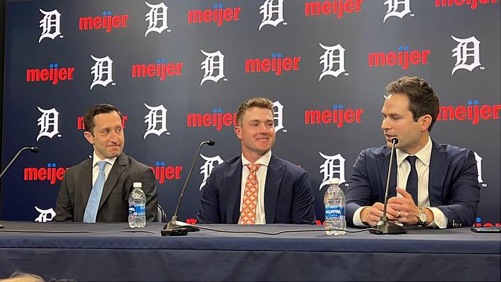Detroit Tigers infielder Kevin McGonigle (middle) with president of baseball operations Scott Harris (right) and general manager Jeff Greenberg (left) after signing a contract extension April 15, 2026, at Comerica Park in Detroit, Michigan. Detroit Tigers infielder Kevin McGonigle (middle) with president of baseball operations Scott Harris (right) and general manager Jeff Greenberg (left) after signing a contract extension April 15, 2026, at Comerica Park in Detroit, Michigan.