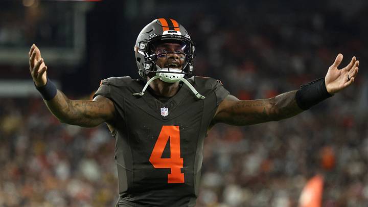 Cleveland Browns quarterback Deshaun Watson reacts against the Pittsburgh Steelers in the first half at Huntington Bank Field.