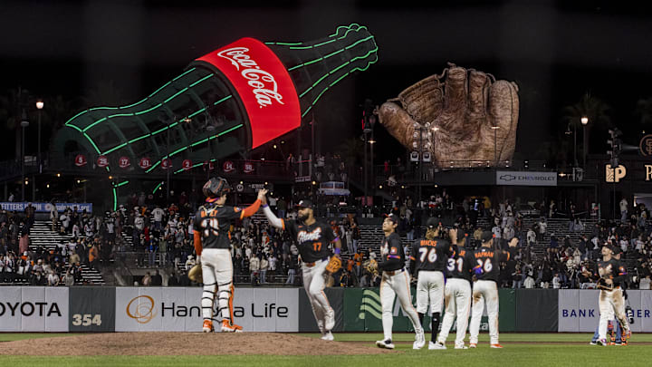 May 13, 2025; San Francisco, California, USA; A general view of the ballpark as San Francisco Giants players celebrate their win over the Arizona Diamondbacks at Oracle Park.