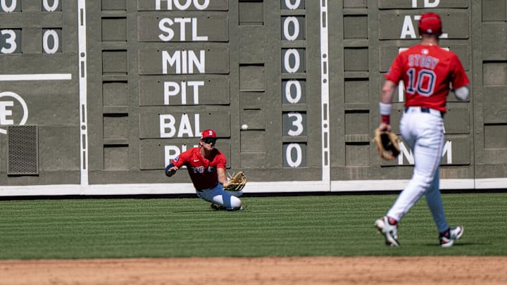 Fort Myers, Florida, USA; Boston Red Sox outfielder Roman Anthony (48) misses a fly ball in the second inning of their game against the Toronto Blue Jays at JetBlue Park at Fenway South, Fort Myers, Florida, USA; Boston Red Sox outfielder Roman Anthony (48) misses a fly ball in the second inning of their game against the Toronto Blue Jays at JetBlue Park at Fenway South,