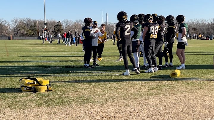 Tues. March 11, 2025; Columbia, Missouri, USA; Missouri Tigers wide receivers huddle during a spring practice.