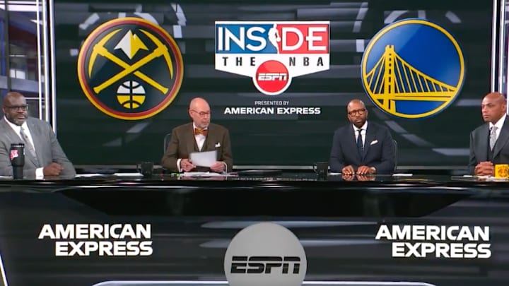 Shaquille O'Neal (far left), Kenny Smith (third from the left), and Charles Barkley (far right) were not ready for this statistic from Ernie Johnson (second from the left). 