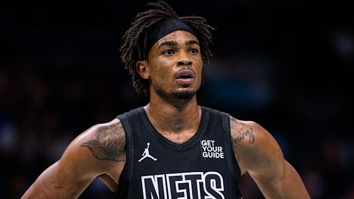 Mar 8, 2025; Charlotte, North Carolina, USA; Brooklyn Nets center Nic Claxton (33) looks on during a free throw against the Charlotte Hornets during the second quarter at Spectrum Center. Mandatory Credit: Scott Kinser-Imagn Images