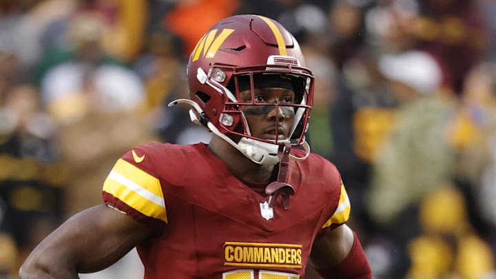 Nov 10, 2024; Landover, Maryland, USA; Washington Commanders wide receiver Terry McLaurin (17) looks on from the field during final minute of the game against the Pittsburgh Steelers at Northwest Stadium. Mandatory Credit: Amber Searls-Imagn Images
