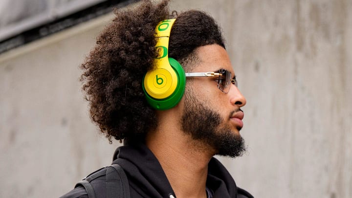 Oregon quarterback Dante Moore arrives at the field as the Oregon Ducks take on the Washington Huskies on Nov. 29, 2025, at Husky Stadium in Seattle, Washington.