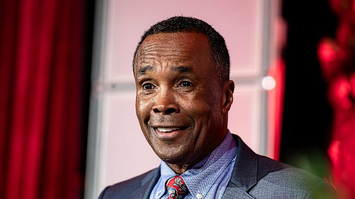 Boxing legend Sugar Ray Leonard smiled at the crowd while speaking at the Kentucky Derby Festival 2024 They're Off! Luncheon at the Galt House in downtown Louisville, KY., on Friday, April 19, 2024. Boxing legend Sugar Ray Leonard smiled at the crowd while speaking at the Kentucky Derby Festival 2024 They're Off! Luncheon at the Galt House in downtown Louisville, KY., on Friday, April 19, 2024.