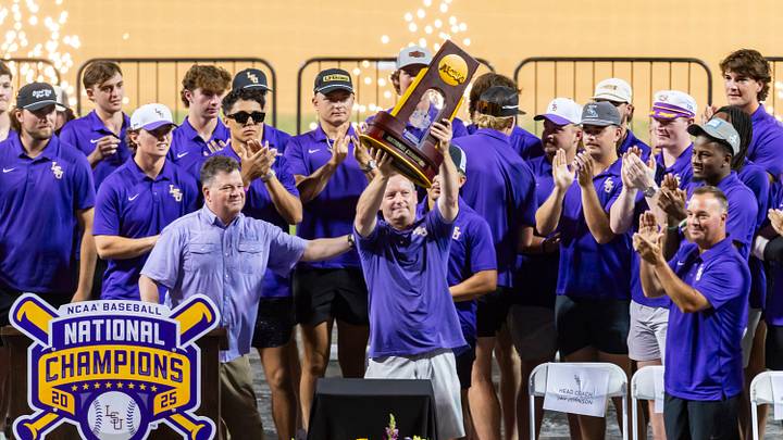 Tigers Head Coach Jay Johnson, LSU Baseball celebrates the 2025 College World Series championship with a ceremony at Alex Box Stadium, Skip Bertman Field. Wednesday, June 25, 2025. Tigers Head Coach Jay Johnson, LSU Baseball celebrates the 2025 College World Series championship with a ceremony at Alex Box Stadium, Skip Bertman Field. Wednesday, June 25, 2025.