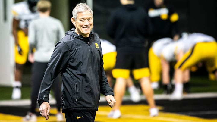 Iowa head coach Kirk Ferentz smiles during a spring NCAA college football practice, Tuesday, March 29, 2022, at the University of Iowa Indoor Practice Facility in Iowa City, Iowa.

220329 Iowa Spring Fb 045 Jpg