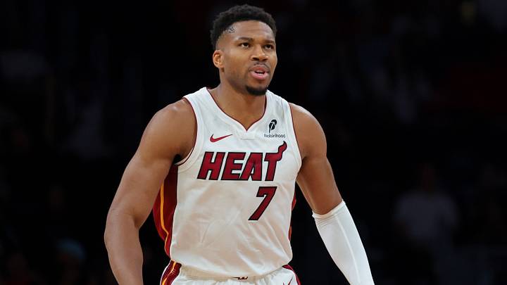 Miami Heat forward Giannis Antetokounmpo (7) reacts  (Mandatory Credit: Sam Navarro-Imagn Images)