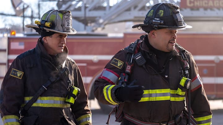 CHICAGO FIRE -- "Coming In Hot" Episode 1412 -- Pictured: (l-r) Dermot Mulroney as Dom Pascal, Joe Miñoso as Joe Cruz 