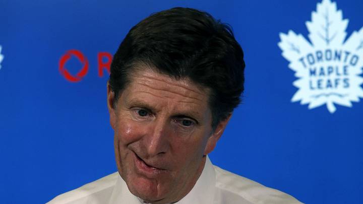 Nov 15, 2019; Toronto, Ontario, CAN; Former Toronto Maple Leafs head coach Mike Babcock during the post game media conference after a game against the Boston Bruins at Scotiabank Arena. Boston defeated Toronto. Mandatory Credit: John E. Sokolowski-Imagn Images