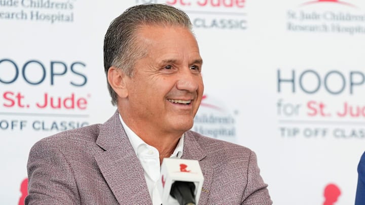 Arkansas men’s basketball head coach John Calipari and Memphis men’s basketball coach Penny Hardaway smile during a press conference for the Hoops for St. Jude Tip Off Classic at FedExForum on September 2, 2025.