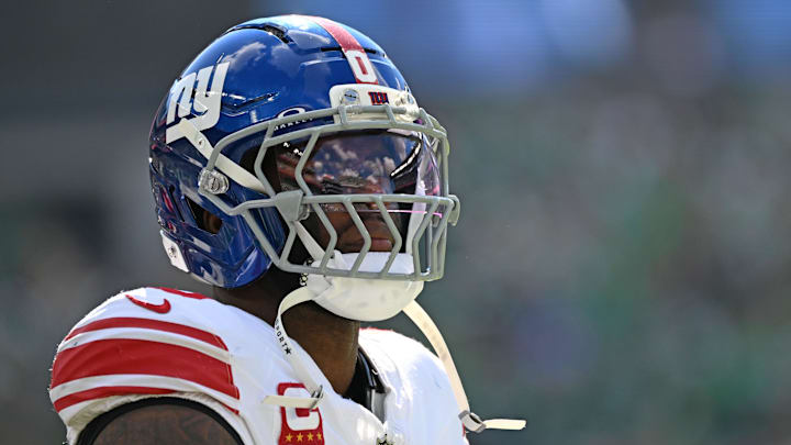 Oct 26, 2025; Philadelphia, Pennsylvania, USA; New York Giants linebacker Brian Burns against the Philadelphia Eagles at Lincoln Financial Field. Mandatory Credit: Eric Hartline-Imagn Images