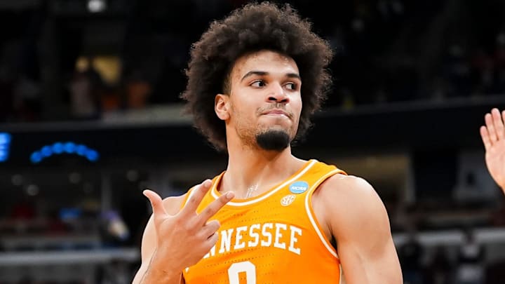 Tennessee guard Ja'Kobi Gillespie (0) gestures after making a three-pointer during a NCAA Tournament Sweet 16 game between Tennessee and Iowa State at the United Center in Chicago on March 27, 2026. Tennessee guard Ja'Kobi Gillespie (0) gestures after making a three-pointer during a NCAA Tournament Sweet 16 game between Tennessee and Iowa State at the United Center in Chicago on March 27, 2026.