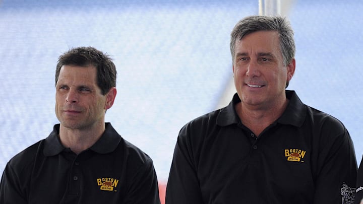 Jul 29, 2015; Foxboro, MA, USA; Boston Bruins general manager Don Sweeney and president Cam Neely and former Bruins defenseman Ray Bourque during a press conference for the Winter Classic hockey game at Gillette Stadium. Mandatory Credit: Bob DeChiara-Imagn Images