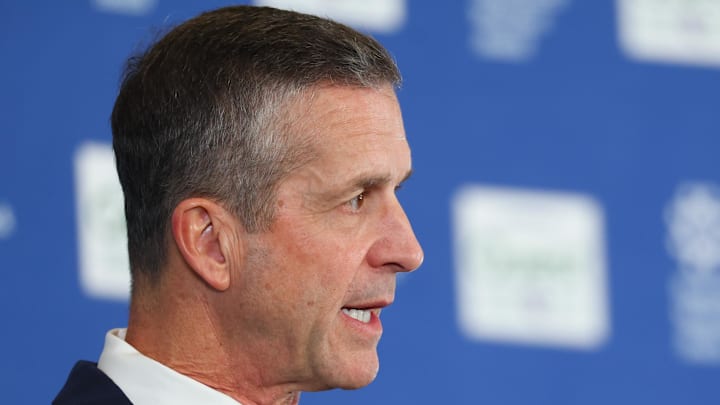 Jan 20, 2026; East Rutherford, NJ, USA; New York Giants head coach John Harbaugh speaks at the press conference announcing his hiring at Quest Diagnostics Training Center. Mandatory Credit: Ed Mulholland-Imagn Images