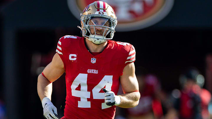 Dec 8, 2024; Santa Clara, California, USA; San Francisco 49ers fullback Kyle Juszczyk (44) is introduced before the game against the Chicago Bears at Levi's Stadium. Mandatory Credit: Bob Kupbens-Imagn Images Dec 8, 2024; Santa Clara, California, USA; San Francisco 49ers fullback Kyle Juszczyk (44) is introduced before the game against the Chicago Bears at Levi's Stadium. Mandatory Credit: Bob Kupbens-Imagn Images