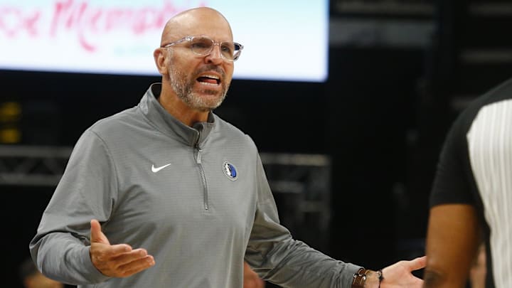 Apr 18, 2025; Memphis, Tennessee, USA; Dallas Mavericks head coach Jason Kidd reacts toward an official during the fourth quarter against the Memphis Grizzlies at FedExForum. Mandatory Credit: Petre Thomas-Imagn Images
