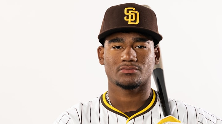San Diego Padres infielder Leodalis De Vries poses for a portrait during Media Day at Peoria Sports Complex in February. San Diego Padres infielder Leodalis De Vries poses for a portrait during Media Day at Peoria Sports Complex in February.