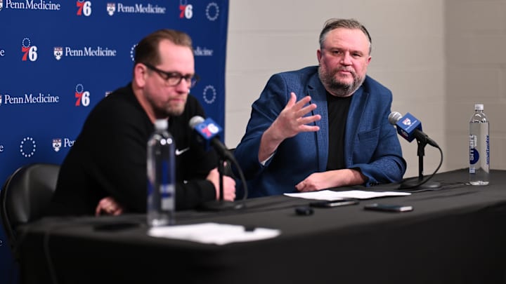 Apr 13, 2025; Philadelphia, Pennsylvania, USA; Philadelphia 76ers president of basketball operations Daryl Morey addresses the media with head coach Nick Nurse after the game against the Chicago Bulls at Wells Fargo Center. Mandatory Credit: Kyle Ross-Imagn Images