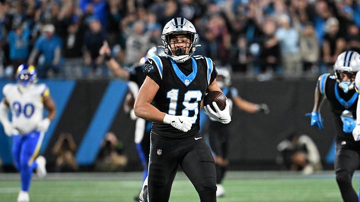 Carolina Panthers wide receiver Jalen Coker (18) makes a catch against the Los Angeles Rams 