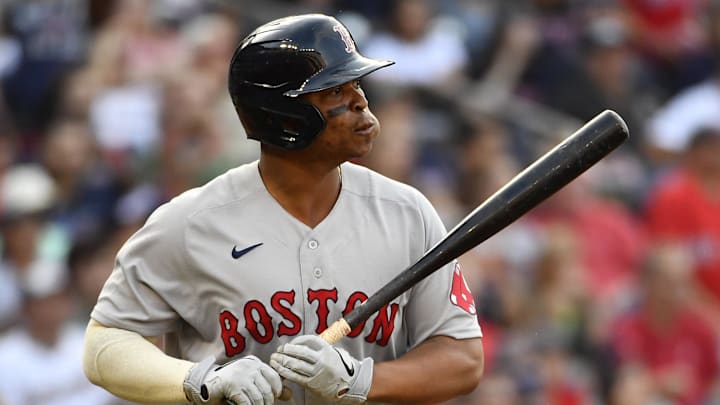 Oct 2, 2021; Washington, District of Columbia, USA; Boston Red Sox third baseman Rafael Devers (11) watches his solo home run during the fourth inning against the Washington Nationals at Nationals Park.