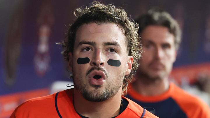 Aug 21, 2026; Houston, Texas, USA;  Houston Astros third baseman Raynel Delgado (29) reacts to scoring on Houston Astros designated hitter Yordan Alvarez (44) (not pictured) RBI double against the Athletics in the seventh  inning at Daikin Park.  Mandatory Credit: Thomas Shea-Imagn Images