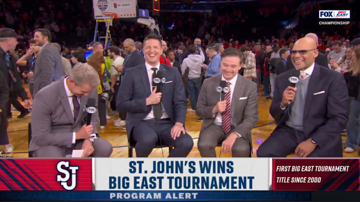 St. John's Rick Pitino laughs with broadcasters after winning the Big East title on March 16, 2025. St. John's Rick Pitino laughs with broadcasters after winning the Big East title on March 16, 2025.