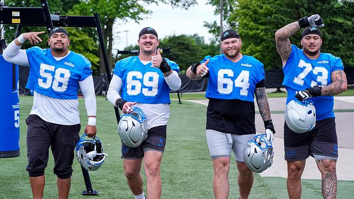 From left, Detroit Lions offensive tackle Penei Sewell (58), guard Tate Ratledge (69), center Cade Mays (64) and offensive lineman Christian Mahogany (73) before OTAs at Meijer Performance Center in Allen Park on Thursday, June 11, 2026. From left, Detroit Lions offensive tackle Penei Sewell (58), guard Tate Ratledge (69), center Cade Mays (64) and offensive lineman Christian Mahogany (73) before OTAs at Meijer Performance Center in Allen Park on Thursday, June 11, 2026.