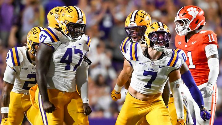 LSU linebacker Whit Weeks (7) and the Tigers celebrate during their win over Clemson. LSU linebacker Whit Weeks (7) and the Tigers celebrate during their win over Clemson.