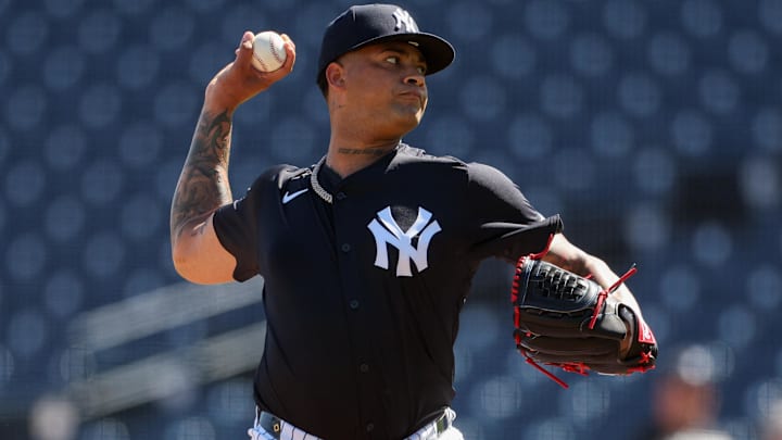 Feb 15, 2025; Tampa, FL, USA; New York Yankees starting pitcher Luis Gil (81) participates in spring training workouts at George M. Steinbrenner Field
