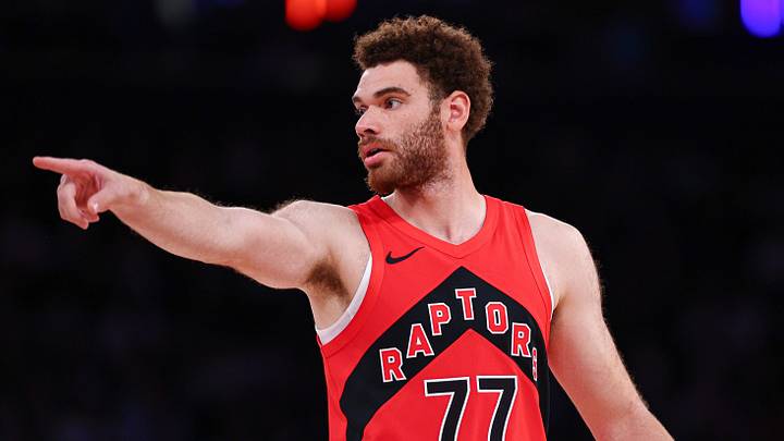 Oct 15, 2026; New York, New York, USA;  Toronto Raptors small forward Jamison Battle (77) reacts during the first half against the New York Knicks at Madison Square Garden.  Mandatory Credit: Vincent Carchietta-Imagn Images