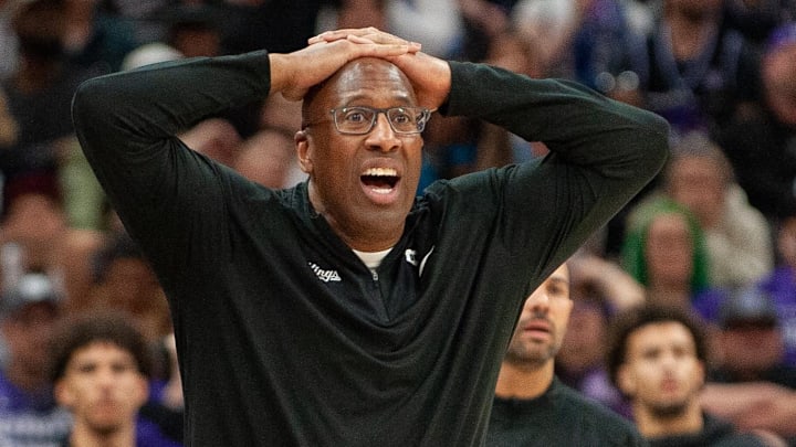 Apr 12, 2024; Sacramento, California, USA; Sacramento Kings head coach Mike Brown reacts to a call during the fourth quarter at Golden 1 Center. Mandatory Credit: Ed Szczepanski-Imagn Images