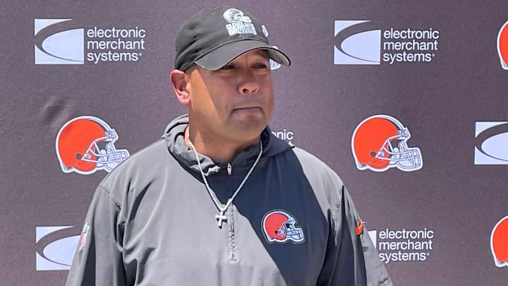 Cleveland Browns safeties coach Ephraim Banda addresses media June 13 during mandatory minicamp at team headquarters in Berea, Ohio.