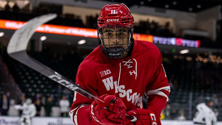 Wisconsin men's hockey goes all red while defeating No. 1 Michigan State on the Spartans' home rink on Nov. 20. 2025.