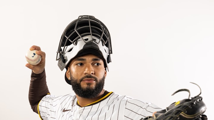 Feb 19, 2025; Peoria, AZ, USA; San Diego Padres catcher Rodolfo Duran poses for a portrait during Media Day at Peoria Sports Complex. Mandatory Credit: Mark J. Rebilas-Imagn Images
