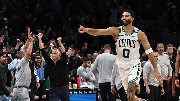Oct 27, 2026; Boston, Massachusetts, USA; Boston Celtics forward Jayson Tatum (0) celebrates his game winning shot at the end of overtime to defeat the Brooklyn Nets at TD Garden. Mandatory Credit: Winslow Townson-Imagn Images