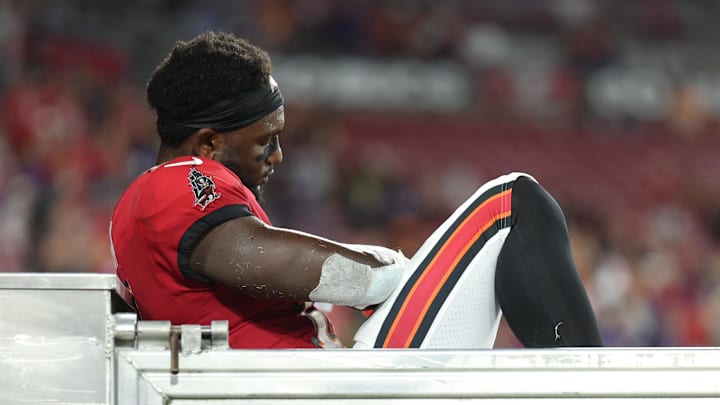 Tampa Bay Buccaneers wide receiver Chris Godwin is carted off the field against the Baltimore Ravens.
